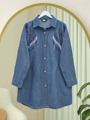 Podyumplus İndigo Pul Payetli Metal Düğmeli Salaş Kot Gömlek