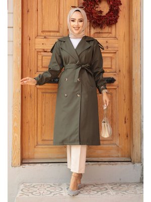 Neva Style Düğmeli Koyu Haki Trençkot 647khk