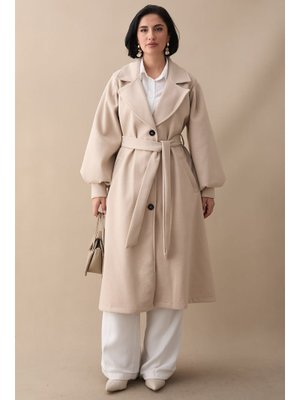 InStyle Kruvaze Balon Kol Kuşaklı Bej Kaşe Kaban