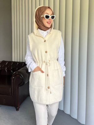 Podyumplus Ekru Kapüşonlu Cepli Beli Bağlamalı Sakallı Yelek