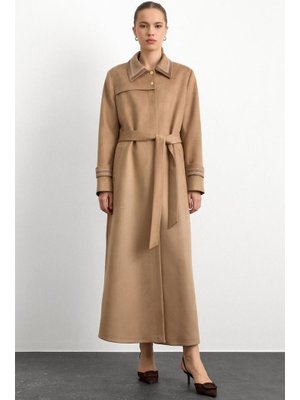 Olcay Gömlek Yaka İşleme Detaylı Süet Görünümlü Büyük Beden Pardesü A.kamel