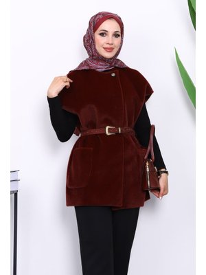 İmaj Butik Bordo Cepli Kemerli Kaşe Yelek