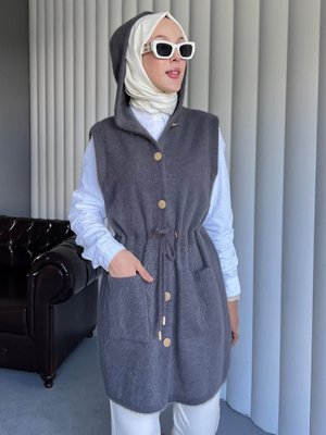 Podyumplus Füme Kapüşonlu Cepli Beli Bağlamalı Sakallı Yelek
