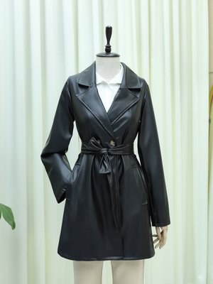 Podyumplus Siyah Tek Düğmeli Cepli Belden Bağlamalı Deri Trençkot