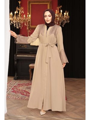 Neva Style Boncuk Detaylı Bej Abaya 29105bej
