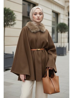 Salih Çelebi Kahverengi Kürk Yaka Kaşe Panço