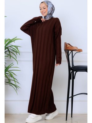 Benguen Kahverengi Kendinden Çizgili Triko Elbise