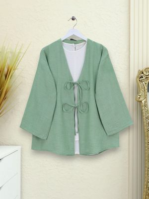 Podyumplus Su Yeşili Önü Bağcıklı Keten Kimono