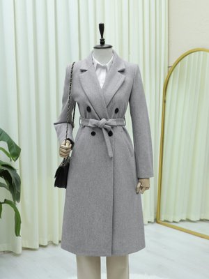 Podyumplus Gri Tek Düğmeli Cepli Kemerli Astarlı Kaşe Kaban