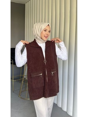 Podyumplus Kahve Önü Fermuarlı Torba Cepli Sakallı Yelek