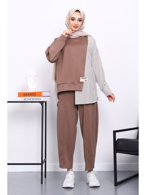 İmaj Butik Vizon Garnili Tunik Pantolonlu Çizgili Takım