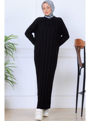 Benguen Siyah Kendinden Çizgili Triko Elbise