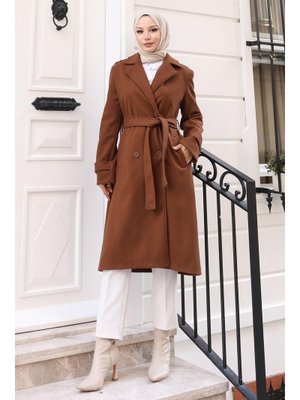 MODAMİHRAM Kahverengi Kuşaklı Kaşe Kaban