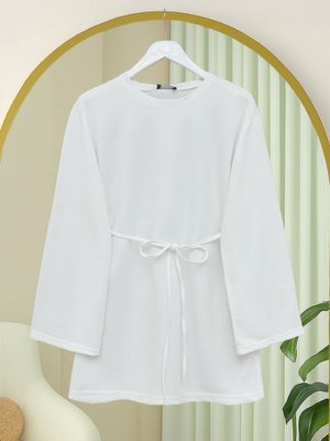 Podyumplus Beyaz Yuvarlak Yaka Beli Bağlamalı Penye Tunik