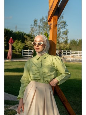 Locco Moda Yeşil Büzgü Detay Poplin Gömlek