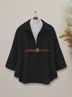 Podyumplus Siyah Omuzu Düğmeli Beli Kemerli Kaşe Panço