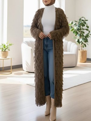 Podyumplus Kahve Saçaklı Uzun Triko Hırka