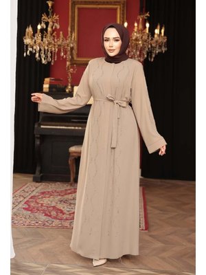 Neva Style Boncuk İşlemeli Bej Abaya 29117bej