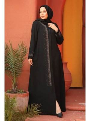 Neva Style Boncuk Detaylı Siyah Abaya 26331s
