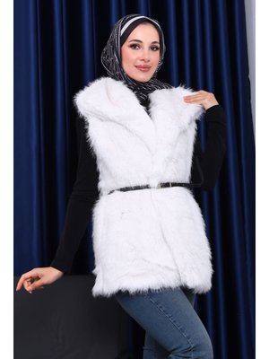 İmaj Butik Ekru Astarlı Kemerli Kürk Yelek