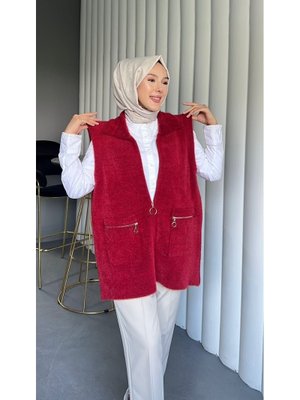 Podyumplus Kırmızı Önü Fermuarlı Torba Cepli Sakallı Yelek
