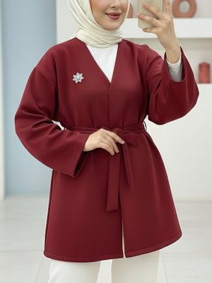 Podyumplus Bordo Broş Detaylı Beli Kuşaklı Scuba Ceket