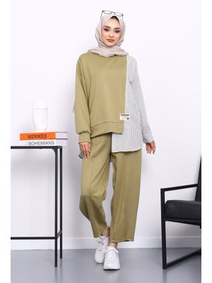 İmaj Butik Haki Garnili Tunik Pantolonlu Çizgili Takım