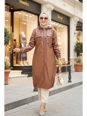 Neva Style Kapüşonlu Taba Deri Kap 1503tb