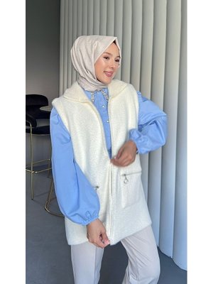 Podyumplus Beyaz Önü Fermuarlı Torba Cepli Sakallı Yelek