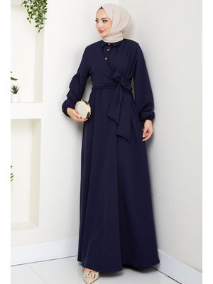 Bestenur Lacivert Çapraz Bağlamalı Yaka Gömlek Elbise