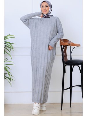 Benguen Gri Kendinden Çizgili Triko Elbise