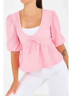 Tofisa Pembe Buffle Kısa Kollu Bluz
