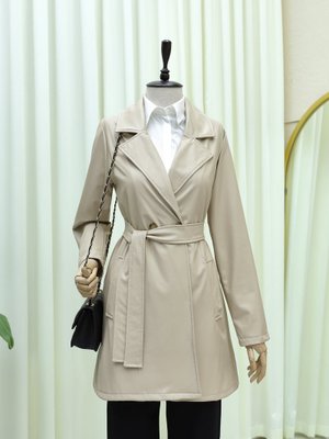 Podyumplus Krem Tek Düğmeli Cepli Belden Bağlamalı Deri Trençkot