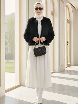 Podyumplus Siyah İçi Astarlı Kürklü Kaban