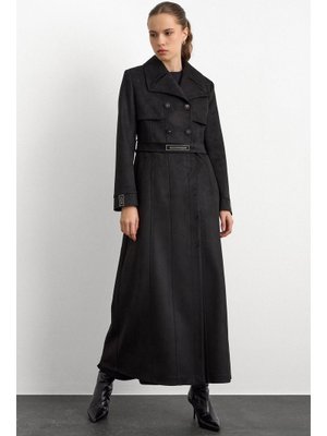 Olcay Siyah Mendil Yaka Taş Detaylı Süet Görünümlü Pardesü