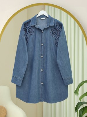 Podyumplus İndigo Önü Düğmeli Pul Payet Detaylı Kot Gömlek