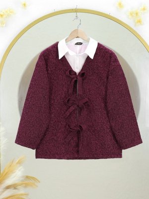 Podyumplus Bordo Önü Bağlamalı Kırçıllı Kaşe Ceket