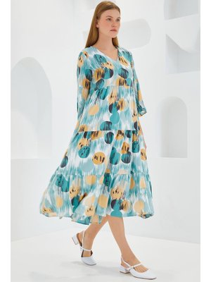 Bigdart Mint Bej Desenli Kısa Kol Viskon Elbise