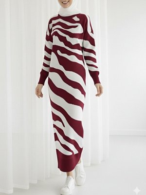 Podyumplus Bordo Yırtmaçlı Desenli Triko Elbise