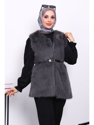 İmaj Butik Füme Kemerli Astarlı Kürk Yelek