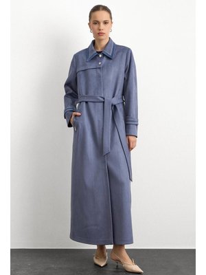 Olcay Mavi Gömlek Yaka İşleme Detaylı Süet Görünümlü Büyük Beden Pardesü