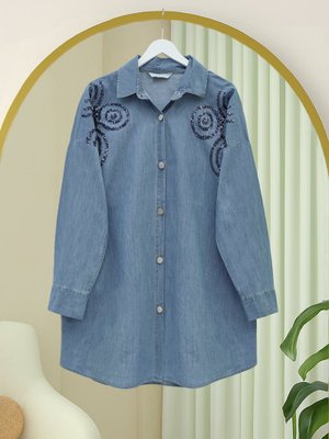 Podyumplus Açık Mavi Önü Düğmeli Pul Payet Detaylı Kot Gömlek