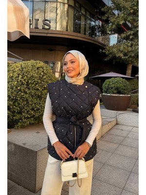 Locco Moda Lacivert Taş Detaylı Kapitone Yelek