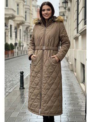 Benguen Kahverengi Parlak Kapitone Kemerli Uzun Mont