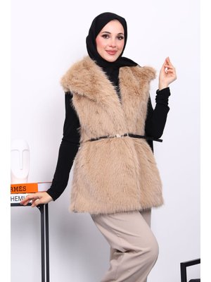 İmaj Butik Bisküvi Astarlı Kemerli Kürk Yelek