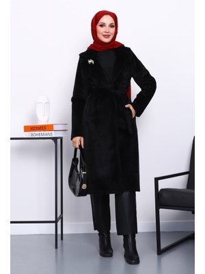 İmaj Butik Siyah Kruvaze Yaka Cepli Angora Kaşe Kaban