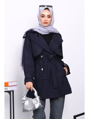 İmaj Butik Lacivert Kruvaze Yaka Astarlı Trençkot