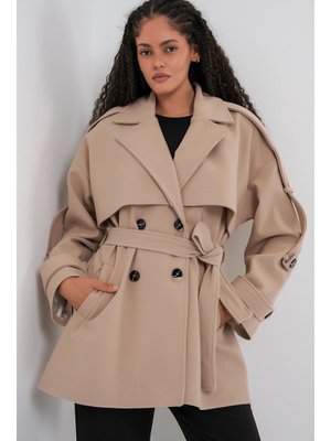 Bigdart Bej Kuşaklı Oversize Kaşe Kaban