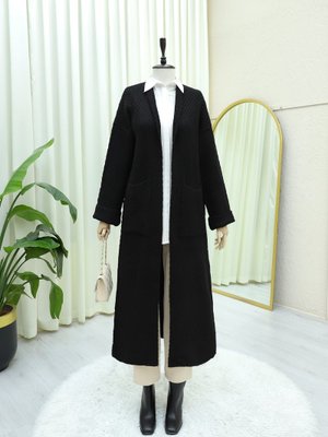 Podyumplus Siyah Çift Cepli Uzun Triko Hırka