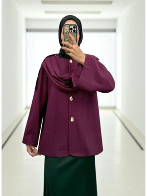 Podyumplus Mürdüm Şal Detaylı Kışlık Keçe Ceket